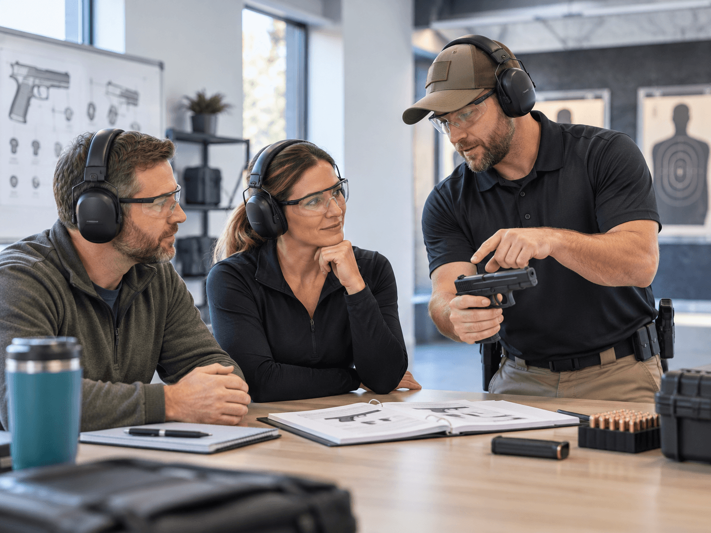 Instructor demonstrating firearm handling during a classroom training session